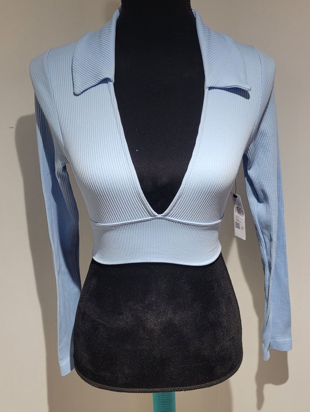 Garage Women's Sandra Ribbed Long Sleeve Seamless V-Neck Polo Small Blue NEW